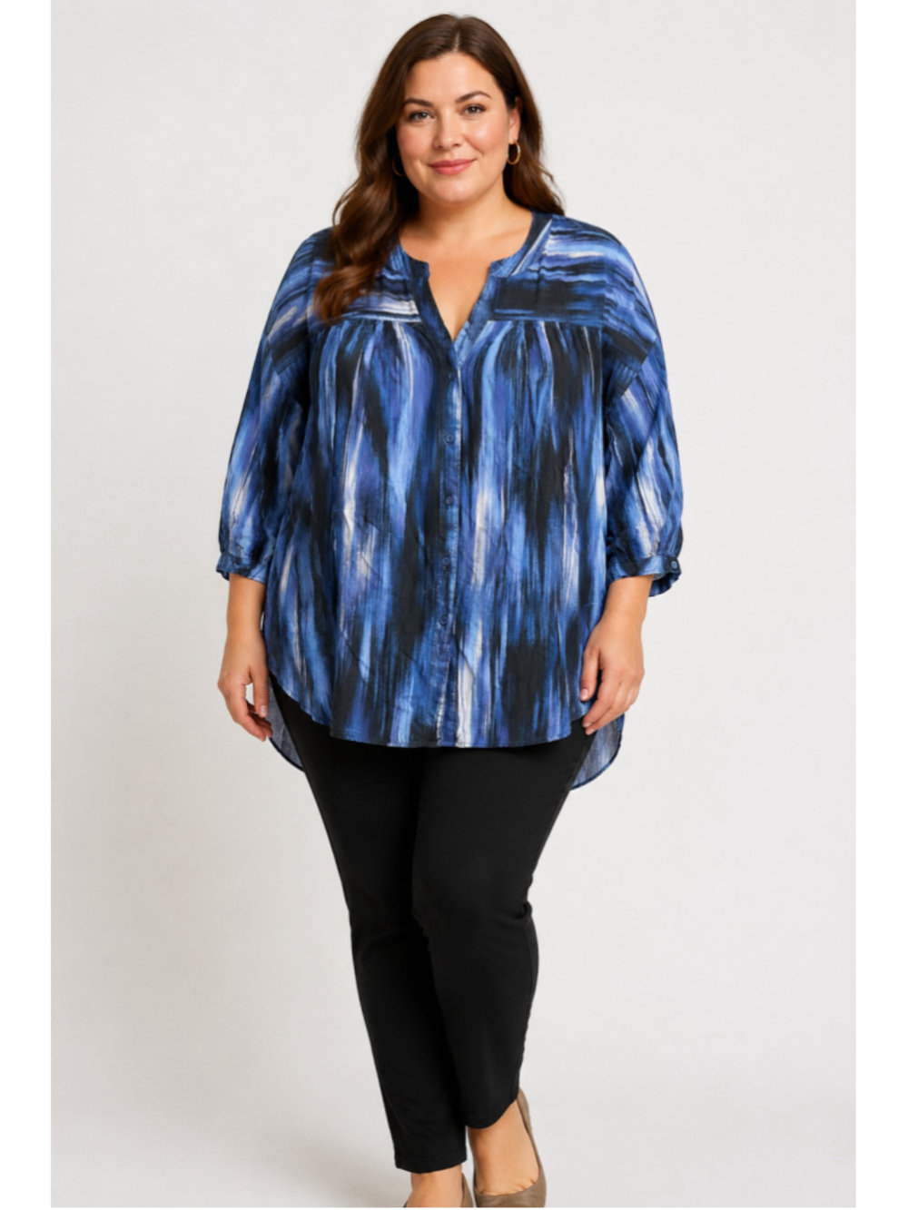 Cooper & Ella Blue Abstract Print Button-Front Blouse – Size XL
